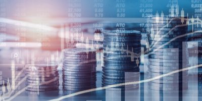 Double exposure financial indices and stock market in accounting market economy analysis with graph business concept background