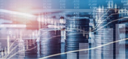 Double exposure financial indices and stock market in accounting market economy analysis with graph business concept background