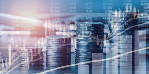 Double exposure financial indices and stock market in accounting market economy analysis with graph business concept background